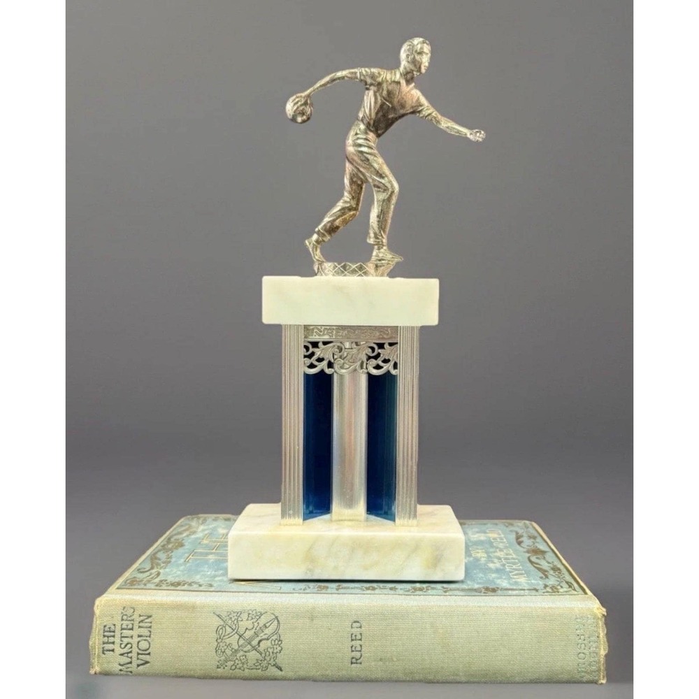 Vintage Bowling Trophy Marble with Blue Lucite Column Sculpture MCM Decor 12"